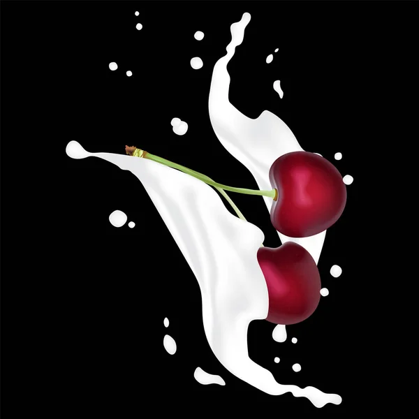 Mleko Splash Ilustracja Spadające Owoce Liście Plasterki Krem Odlewania Fala — Wektor stockowy