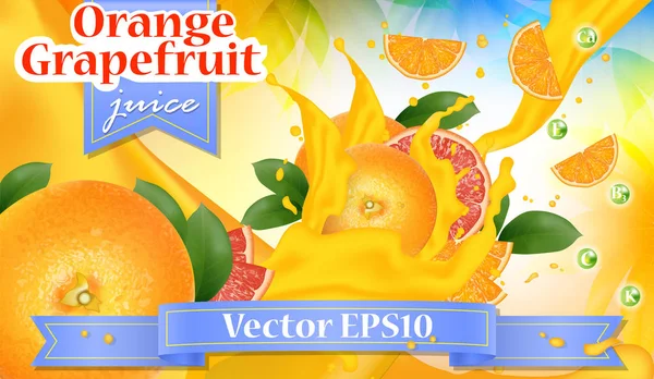 Werbung Für Orangen Und Grapefruitsaft Spritzende Saftige Geschnittene Früchte Realistisches — Stockvektor