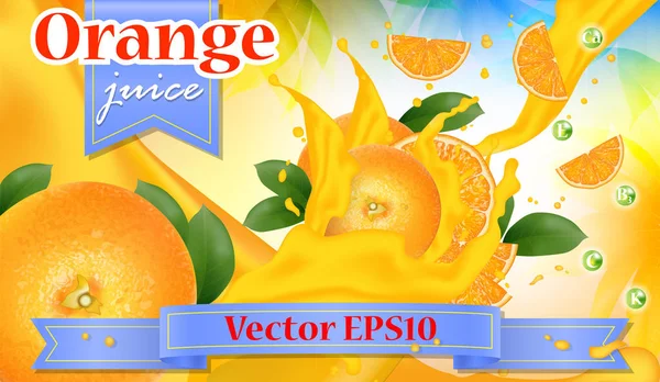橙汁广告 溅出多汁的切片水果 逼真的3D 飞溅包装设计 广告模板 促销横幅 矢量插图 — 图库矢量图片