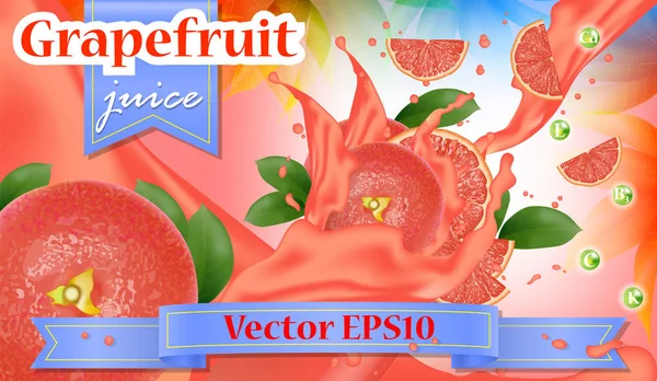 Pompelmo Rosso Rosa Succo Pubblicità Spruzzando Succosi Frutta Fette Design — Vettoriale Stock