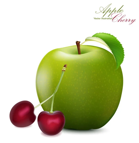 Apple Cherry Set Realistische Appel Kersen Gedetailleerde Illustratie Geïsoleerd Wit — Stockvector