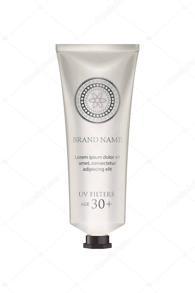 Cosmetic luxury packaging, plastic tube. Container with small black cap. Pearl tube mock-up for oil, face moisturizer cream, toothpaste, scrub or gel. Isolated on white background. Vector.