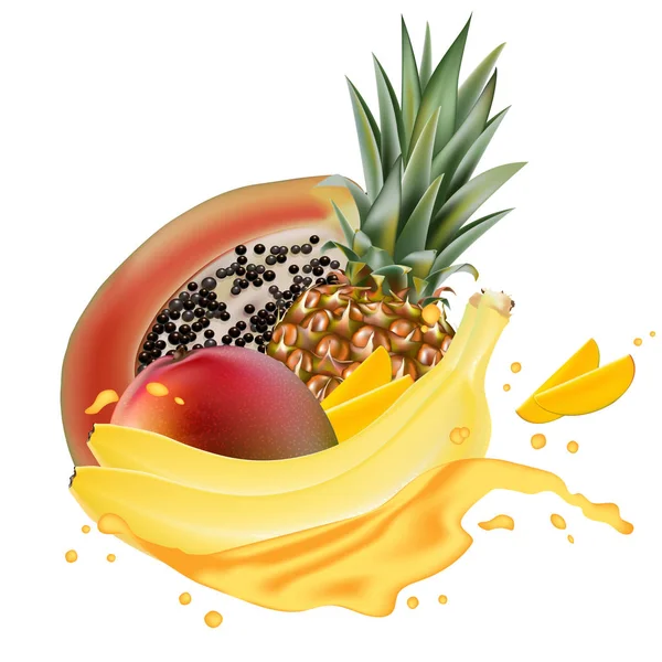 Papaya Banana Ananas Succo Mango Schizzo Realistico Vettoriale Illustrazione — Vettoriale Stock