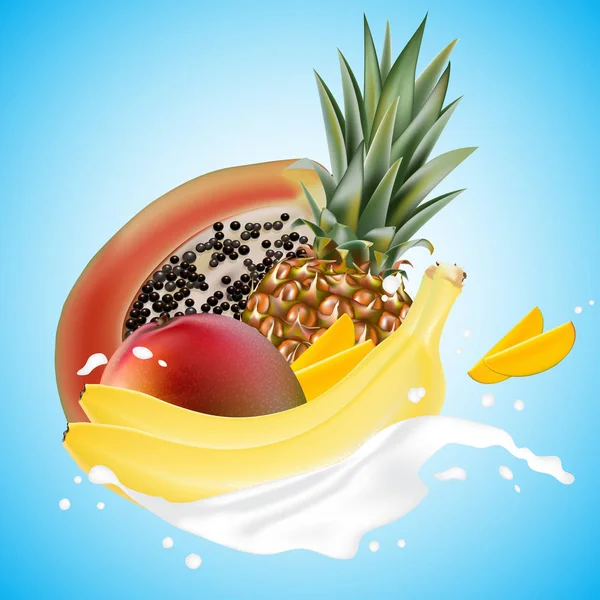 Leche Salpicadura Ilustración Con Caída Rodajas Papaya Mango Piña Plátano — Vector de stock