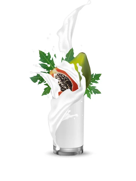 Glass Pouring Milk Yogurt Falling Papaya Leaves Papaya Slices Splashing — Stock Vector