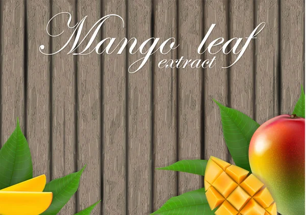 Mango Pozostawia Podłoże Drewniane Ekstrakt Liści Egzotyczne Banner Drewno Pokroić — Wektor stockowy