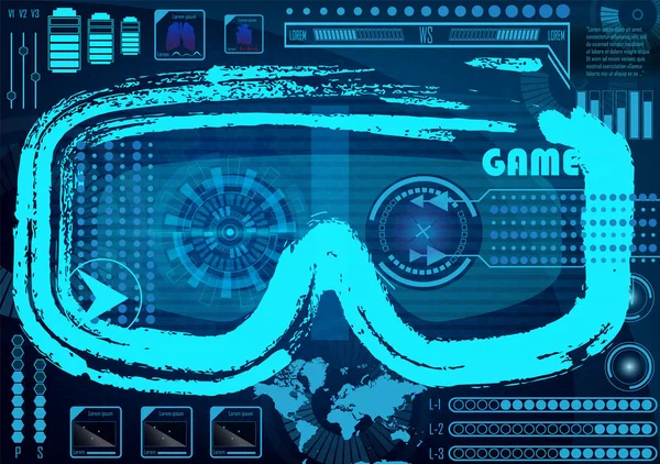 Hud, GUI tasarım öğeleri ile teknoloji kavramı. Head-up Display monitör. Fütüristik Kullanıcı arabirimi. Infographic menü UI için Vr. Vr gözlükler. Hologram kulaklık. Oyun gözlük. Vektör çizim