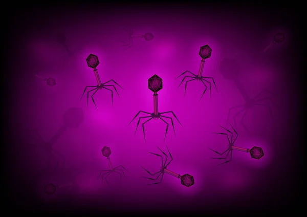 在天鹅绒中具有穗状花序 Dna 尾巴的噬菌体细胞培养背景 细菌病毒微生物3D 现实科学向量例证 — 图库矢量图片