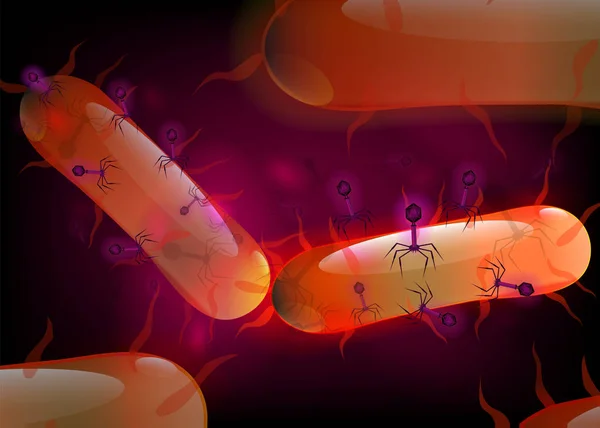 Bacteriophage Attackerar Cellernas Kultur Bakgrund Med Spikes Dna Svans Bakterier — Stock vektor