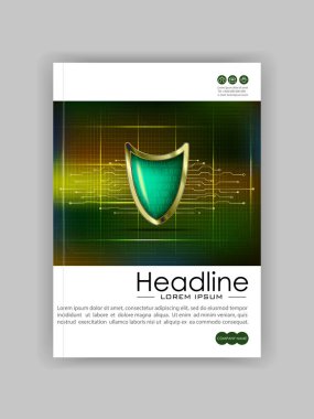 A4 İş teknoloji kitap kapak tasarımı şablonu. Kalkan numaraları. Portföy, faaliyet raporu, dergi, Dergisi, Web sitesi, Poster, monografi, sunum, konferans için iyi. Vektör çizim