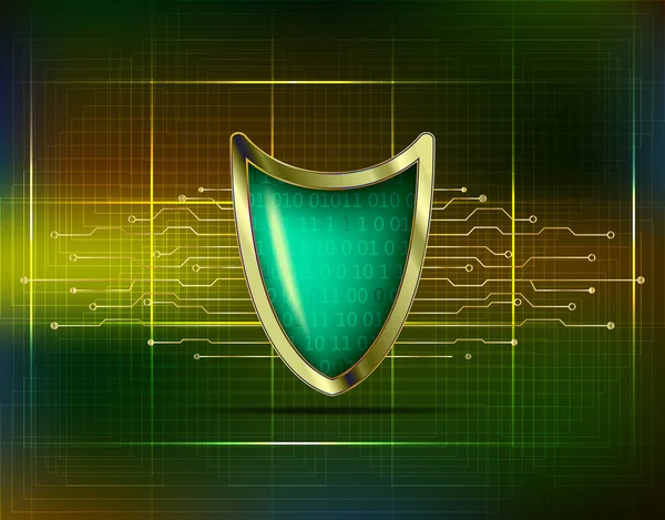 Cyber Security Antivirus Koncept Med Guld Grön Blå Sköld Futuristiska — Stock vektor
