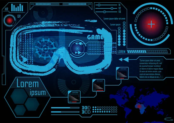Hud, GUI tasarım öğeleri ile teknoloji kavramı. Head-up Display monitör. Fütüristik Kullanıcı arabirimi. Infographic menü UI için Vr. Vr gözlükler. Hologram kulaklık. Oyun gözlük. Vektör çizim