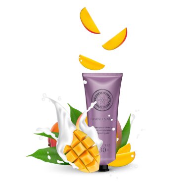 Organik kozmetik lüks ambalaj, plastik tüp. Kozmetik krem dergi reklamları ürün mango meyve ile. 3D gerçekçi ambalaj vücut fırçalayın. Süt krem sıçramasına. Etiket tasarlamak vektör.