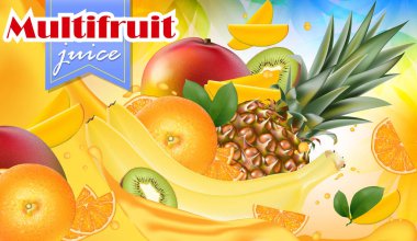 Vektör reklamlar 3d promosyon afiş, gerçekçi mango, portakal, muz, ananas sıçramasına düşen dilimler, suyu damla, vitaminler, bırakır. Dondurma, yoğurt marka reklam. Etiket poster 