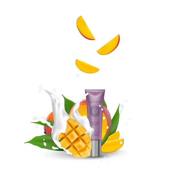 Organic Cosmetic luxury packaging, plastic tube. Cosmetics cream  magazine ads product with mango fruit. 3d Realistic packaging body scrub. Splashing cream milk.  Label design vector illustration.