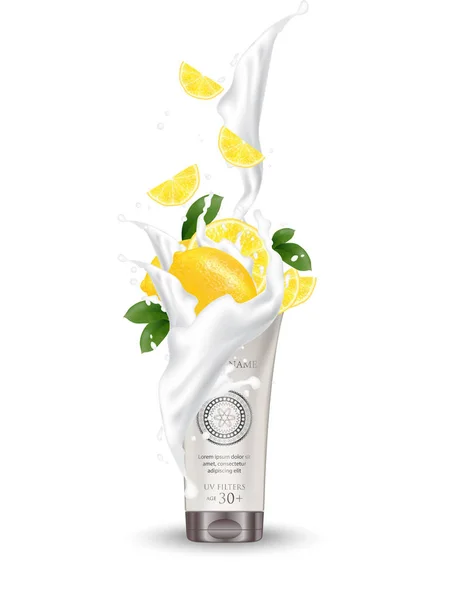 Biologische Cosmetische Luxeverpakkingen Plastic Buis Cosmetica Crème Tijdschriftadvertenties Product Citroen — Stockvector