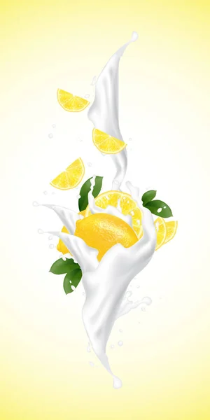 Ilustración Realista Vector Fruta Flujo Leche Rodajas Cayendo Yogur Leche — Vector de stock