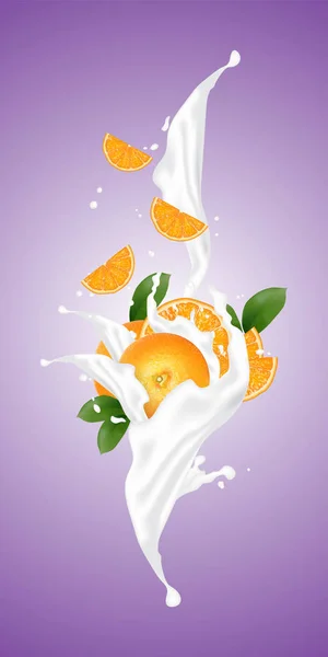 Realistic Illustration Vector Fruit Milk Flow Slices Falling Yogurt Milk — Stock Vector