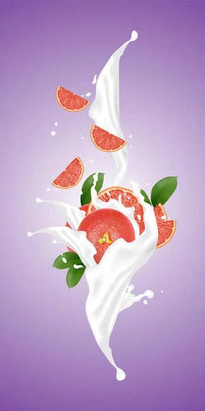 Ilustración Realista Vector Fruta Flujo Leche Rodajas Cayendo Yogur Salpicadura — Vector de stock