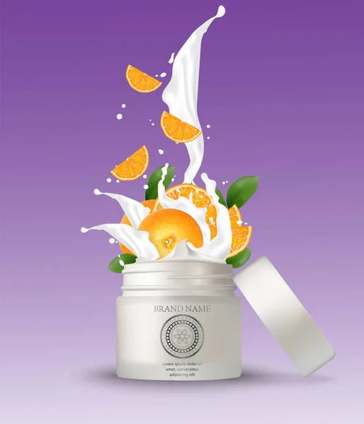 Cosmetische Plastic Pot Met Oranje Crème Spetteren Geïsoleerde Witte Achtergrond — Stockvector