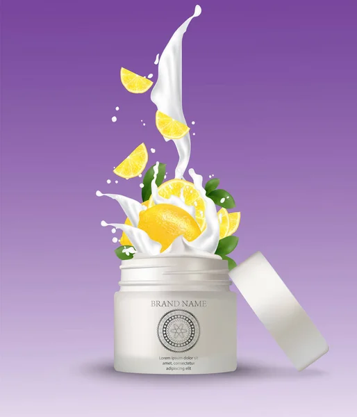 Cosmetische Plastic Pot Met Citroen Crème Spatten Geïsoleerde Witte Achtergrond — Stockvector