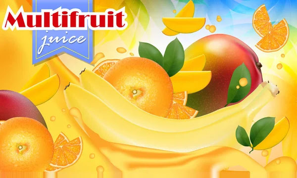 Pubblicità Vettoriale Banner Promozionale Mango Realistico Arancia Banana Spruzzi Ananas — Vettoriale Stock
