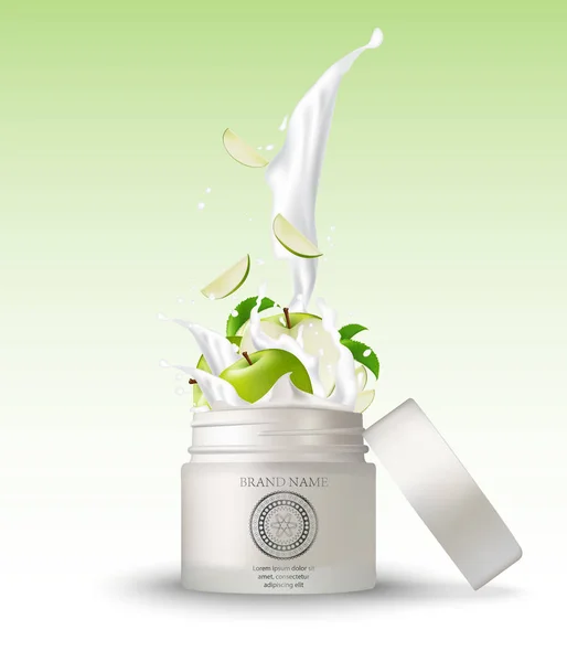 Cosmetische Plastic Pot Met Groene Appel Crème Spatten Geïsoleerde Witte — Stockvector