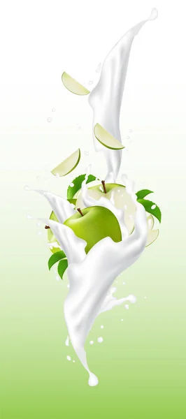 Partes Queda Verdes Maçã Fluxo Iogurte Com Espirro Leite Desenho —  Vetores de Stock