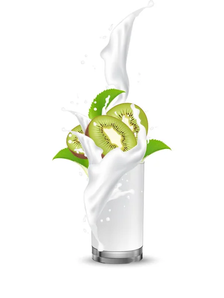 Kiwi Fruit Cocktail Splash Milk Swirl Realistic Glass Realistic Vector — Stock Vector