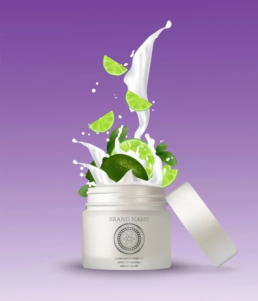Vápno Šplouchání Kosmetiky Jogurt Přemíra Samostatný Ilustrace Bílém Pozadí Balení — Stockový vektor