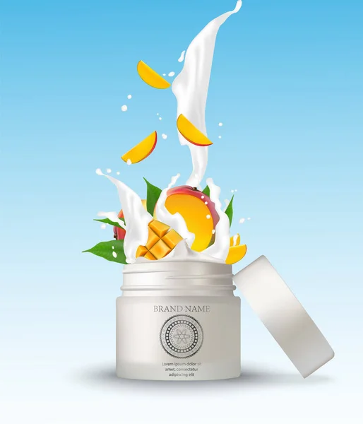 Cosmetische Plastic Pot Met Mango Crème Spatten Geïsoleerde Witte Achtergrond — Stockvector
