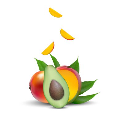  3D promosyon afiş, gerçekçi mango, avokado ile düşen dilim