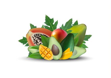  3D promosyon afiş, gerçekçi mango, avokado, papaya fall ile