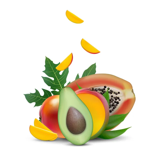 3D-promotie banner, realistische mango, avocado, papaja met falli — Stockvector