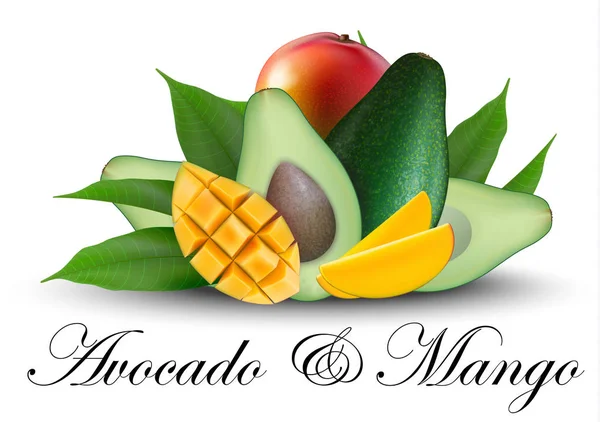 3D-Werbebanner, realistische Mango, Avocado mit fallenden Sli — Stockvektor