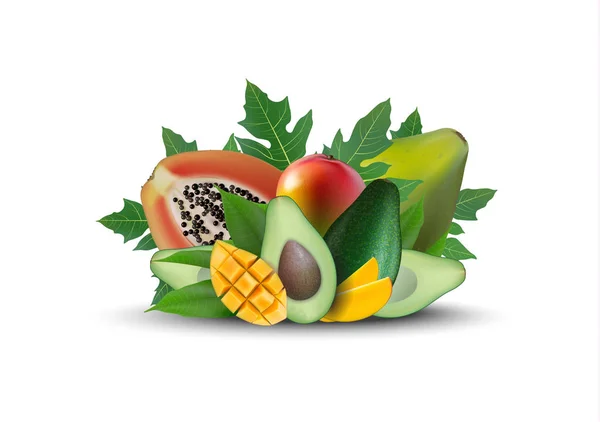 Banner promocji 3D, realistyczny, mango, awokado, papaja z upadku — Wektor stockowy
