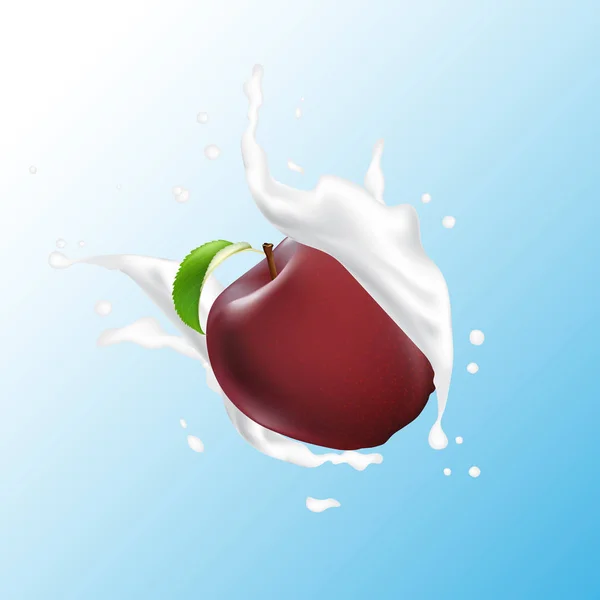 Apel 3d segar realistis dengan air susu yogurt splash tetes iso - Stok Vektor