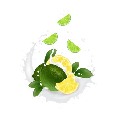 Gerçekçi sıçrama illüstrasyon ile taze kireç. Düşen dilimler 