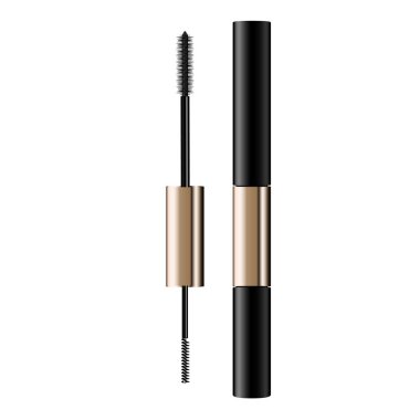 Bir maskara tüpü ve değnek aplikatörü. Kirpikli kozmetik şişe