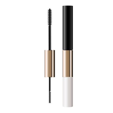 Bir maskara tüpü ve değnek aplikatörü. Kirpikli kozmetik şişe