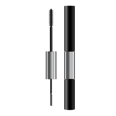 Bir maskara tüpü ve değnek aplikatörü. Kirpikli kozmetik şişe