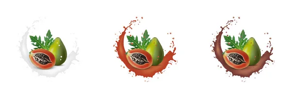 Fresco 3d rebanadas realistas de papaya con jugo de yogur de leche chocolat — Archivo Imágenes Vectoriales