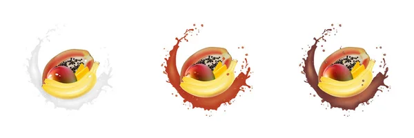 Pancarta de promoción 3d, mango realista, plátano, papaya splashin — Archivo Imágenes Vectoriales