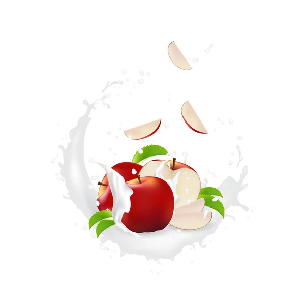 Milk splash 3d illustration with slices of   apple. Cream pourin — Stock Vector