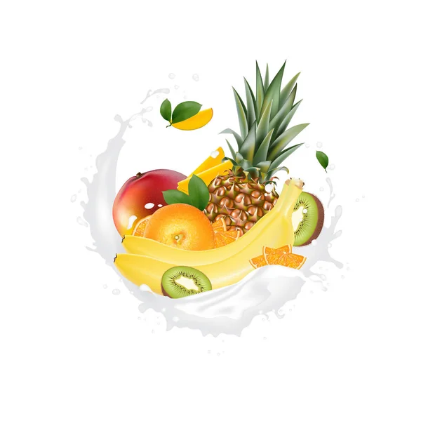 Fresco 3d fette di frutta realistiche con succo di latte yogurt spruzzata dr — Vettoriale Stock