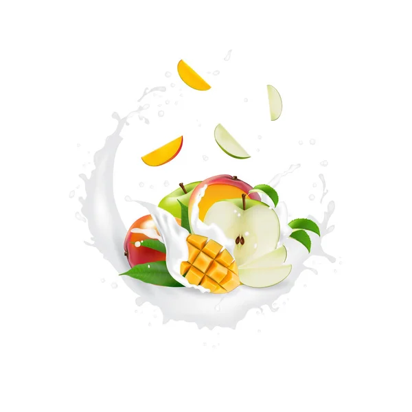 Verse 3D realistische fruit schijfjes met SAP melk yoghurt splash Dr — Stockvector