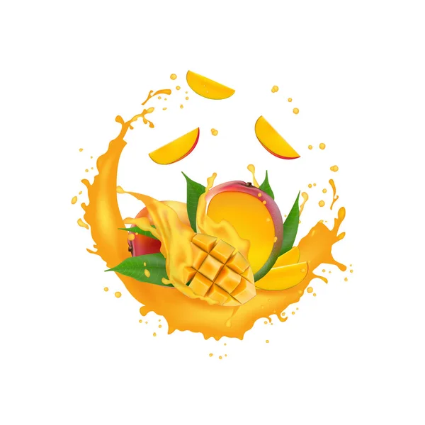 Juice mjölk yoghurt mango kuber stänk. Saftig mango splash pack — Stock vektor