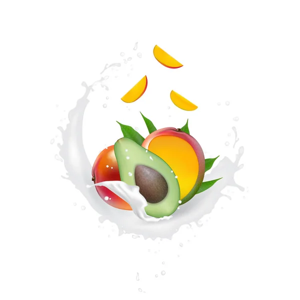 Splashing banner promozione latte annuncio 3d, mango realistico, avocado — Vettoriale Stock