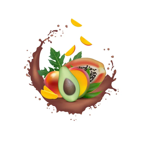 Reklama 3D baner promocyjny, realistyczne mango, awokado, papaja z FA — Wektor stockowy