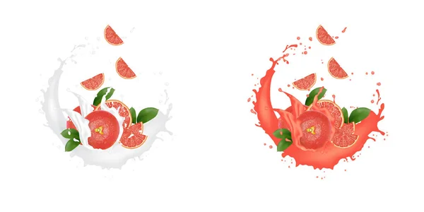 Saftmilch-Joghurt-Grapefruitscheiben plätschern. saftige Grapefruit — Stockvektor